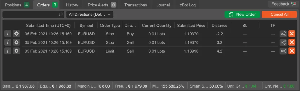 Lista zamówień w cTrader