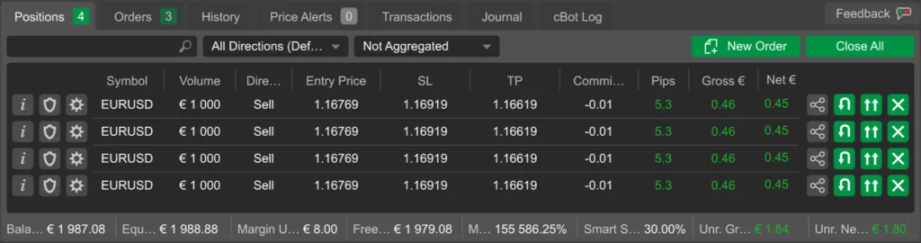 Lista otwartych pozycji w cTrader