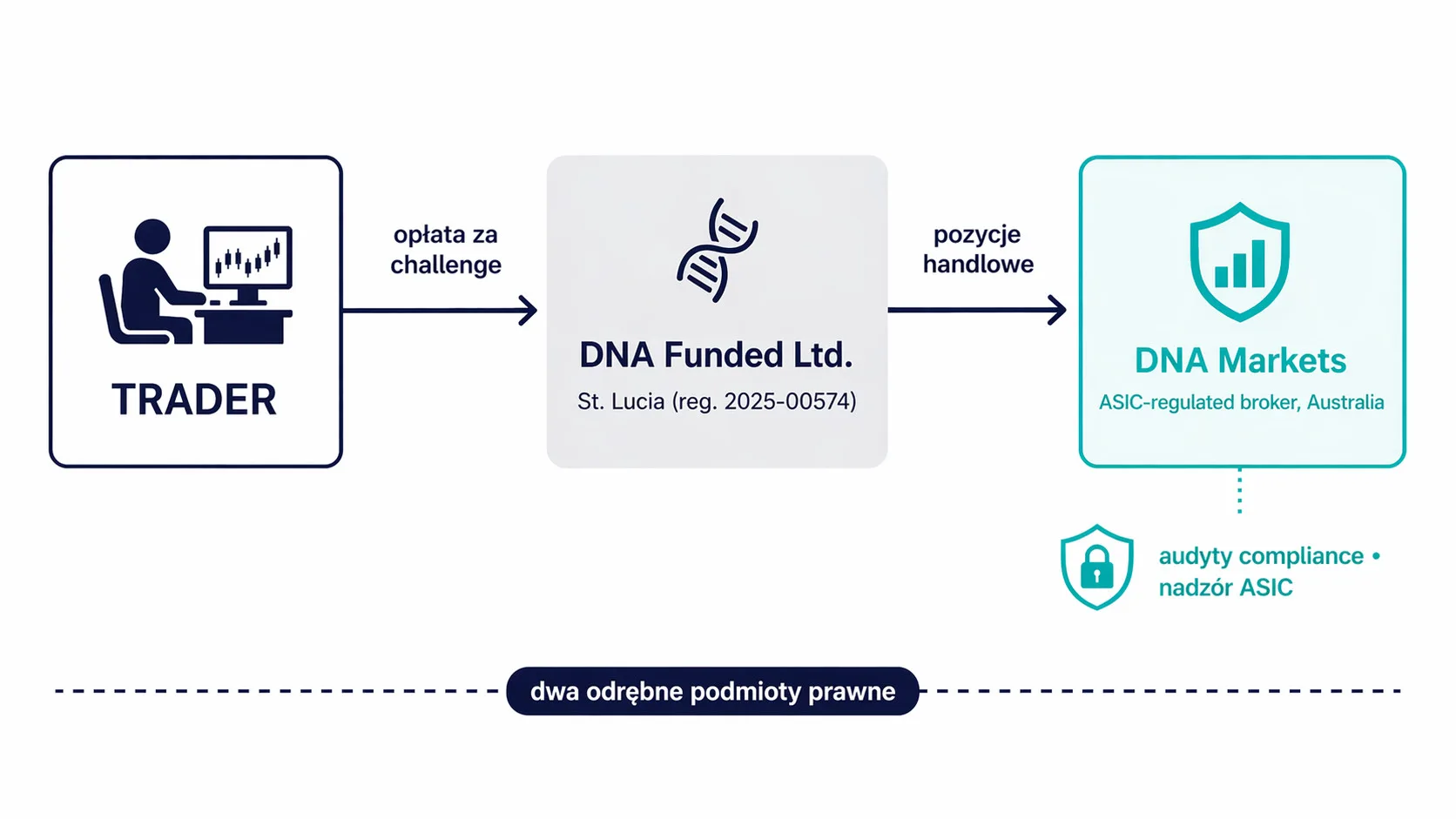 Schemat przedstawiający strukturę DNA Funded: trader wpłaca opłatę za challenge do DNA Funded Ltd. z St. Lucia, skąd pozycje handlowe trafiają do DNA Markets – regulowanego brokera ASIC w Australii. Oba podmioty są odrębnymi bytami prawnymi.