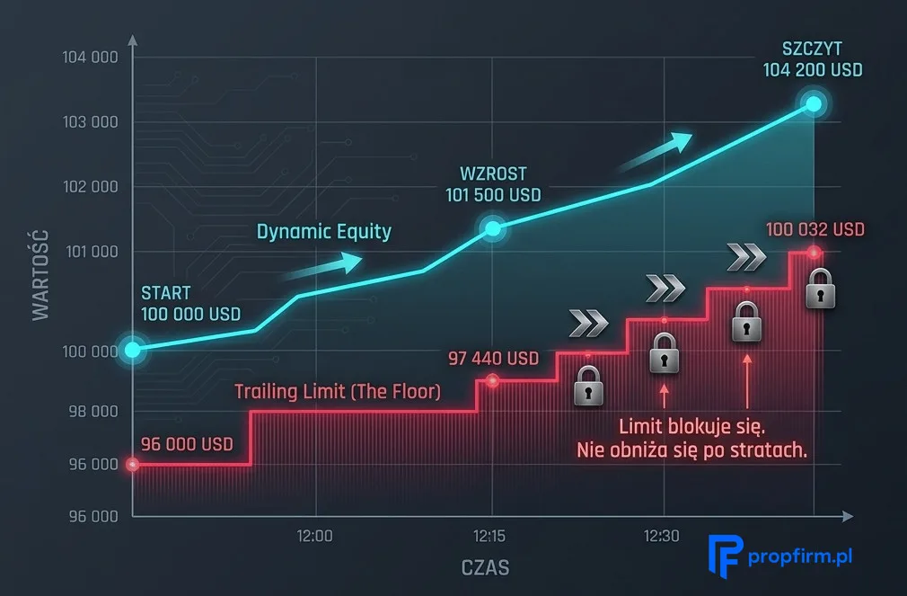 Wykres pokazujący, jak działa trailing drawdown 4% od najwyższego equity: equity rośnie od 100 000 USD do 104 200 USD, a ruchomy limit straty przesuwa się z 96 000 USD do 100 032 USD i nie obniża się po cofnięciu.

