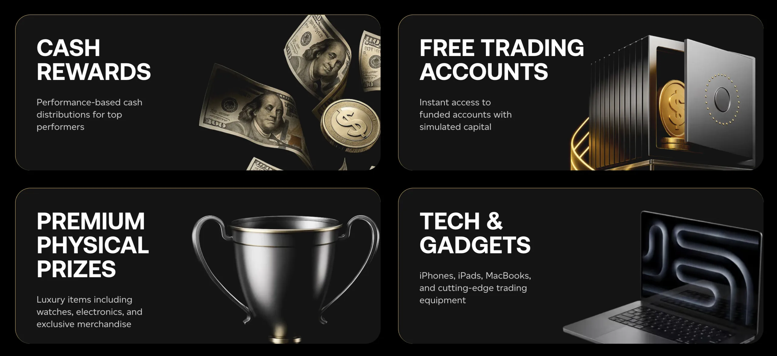 Trading Competition" Goat Funded Trader (maj 2026): bezpłatne turnieje z nagrodami cash, kontami funded, MacBook Pro, zegarkami luksusowymi i gadżetami technologicznymi. Źródło: goatfundedtrader.com/trading-competition