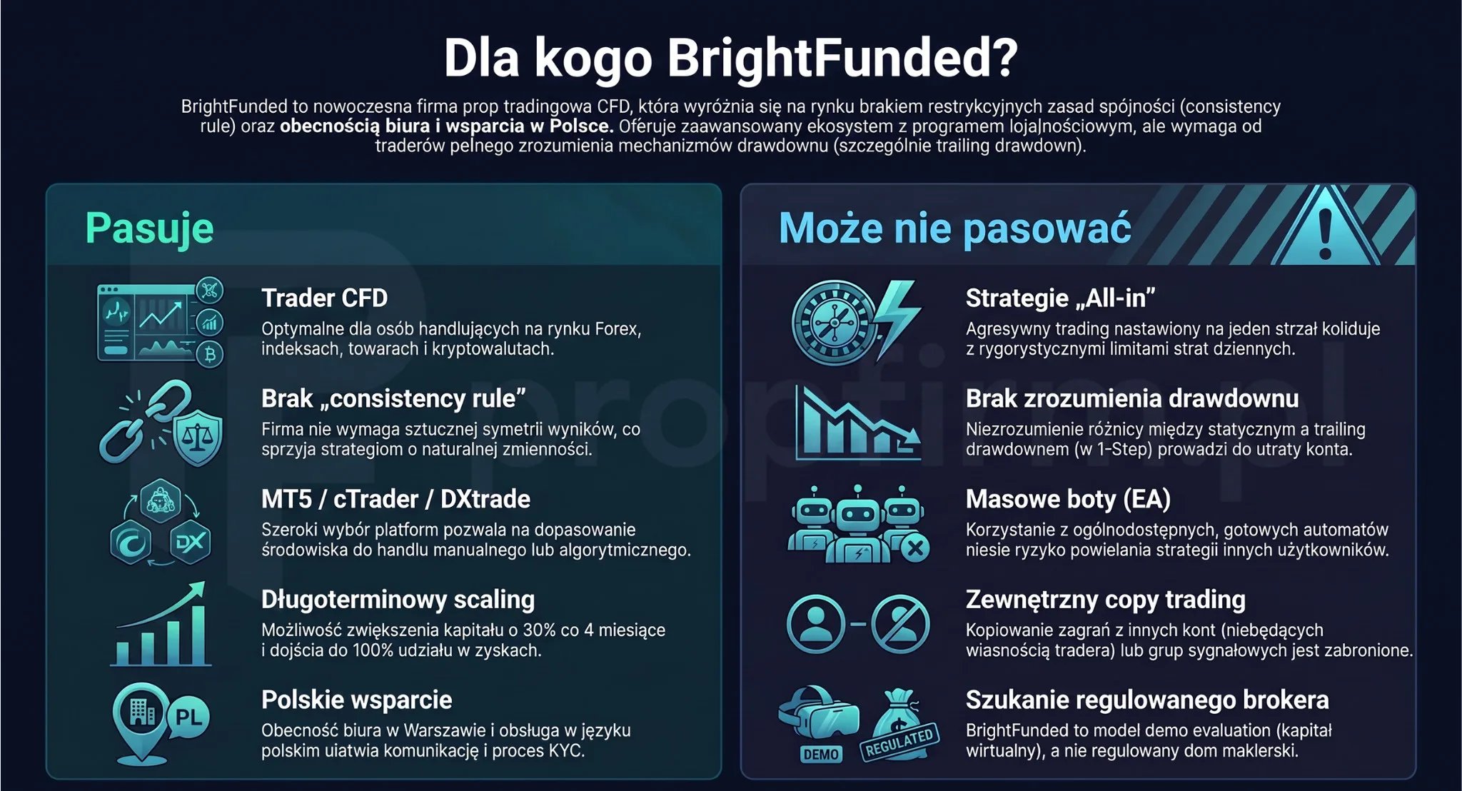Profesjonalna infografika redakcyjna zatytułowana „Dla kogo BrightFunded?” w formacie 16:9, utrzymana w ciemnogranatowej kolorystyce z akcentami cyjanu i tealu. Grafika podzielona jest na dwie przejrzyste kolumny. Lewa kolumna, „Pasuje”, wymienia atuty: trader CFD, brak consistency rule, platformy MT5/cTrader, długoterminowy scaling oraz polskie wsparcie. Prawa kolumna, „Może nie pasować”, wskazuje na ograniczenia: all-in trading, brak zrozumienia drawdownu, masowe EA, copy trading z zewnątrz oraz szukanie regulowanego brokera.