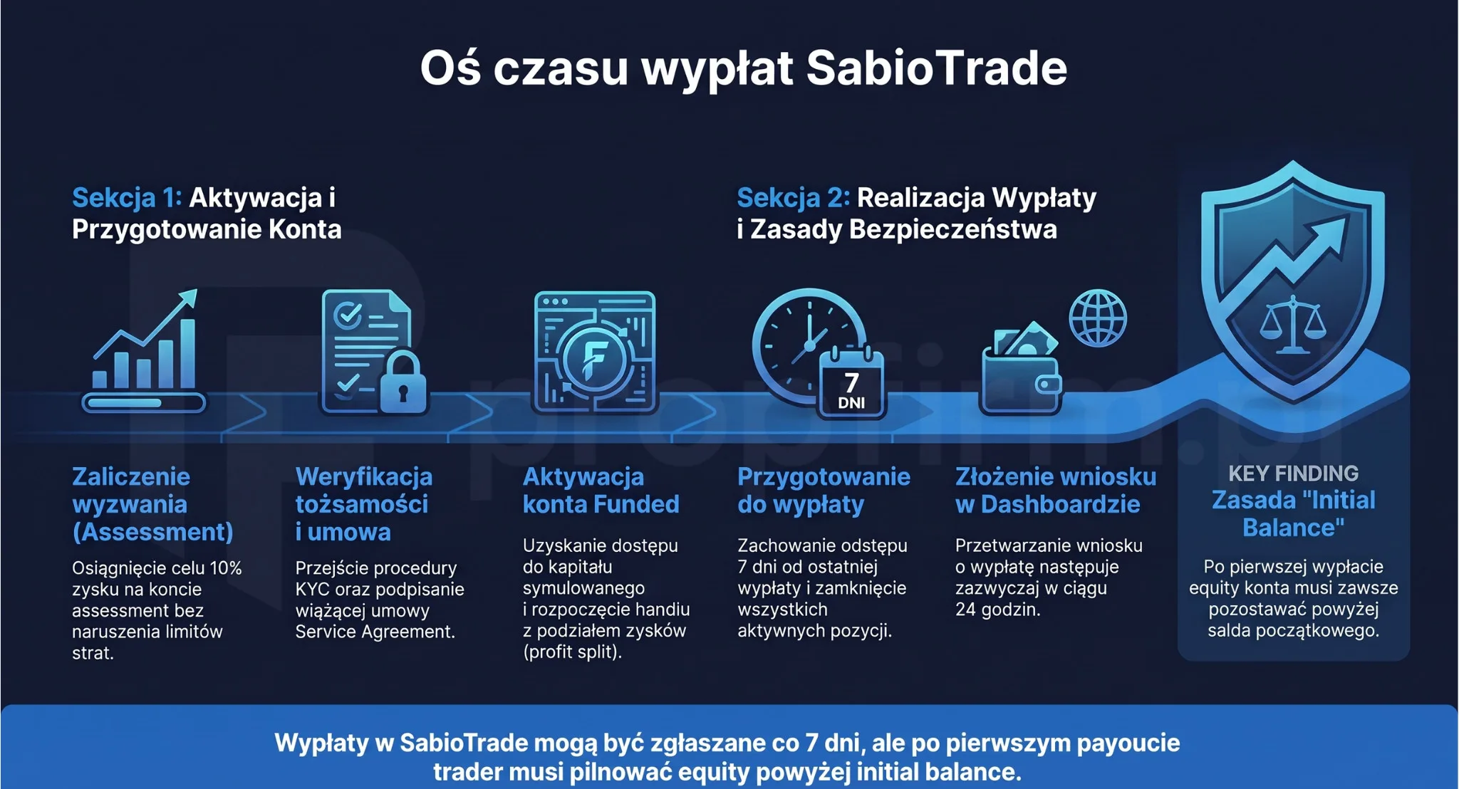 SabioTrade wypłaty – 7 dni, KYC, zamknięte pozycje i initial balance rule